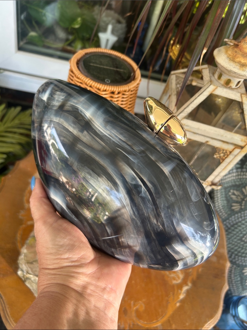 Gray and Black Marbled Lucite Oyster Crossbody Clutch